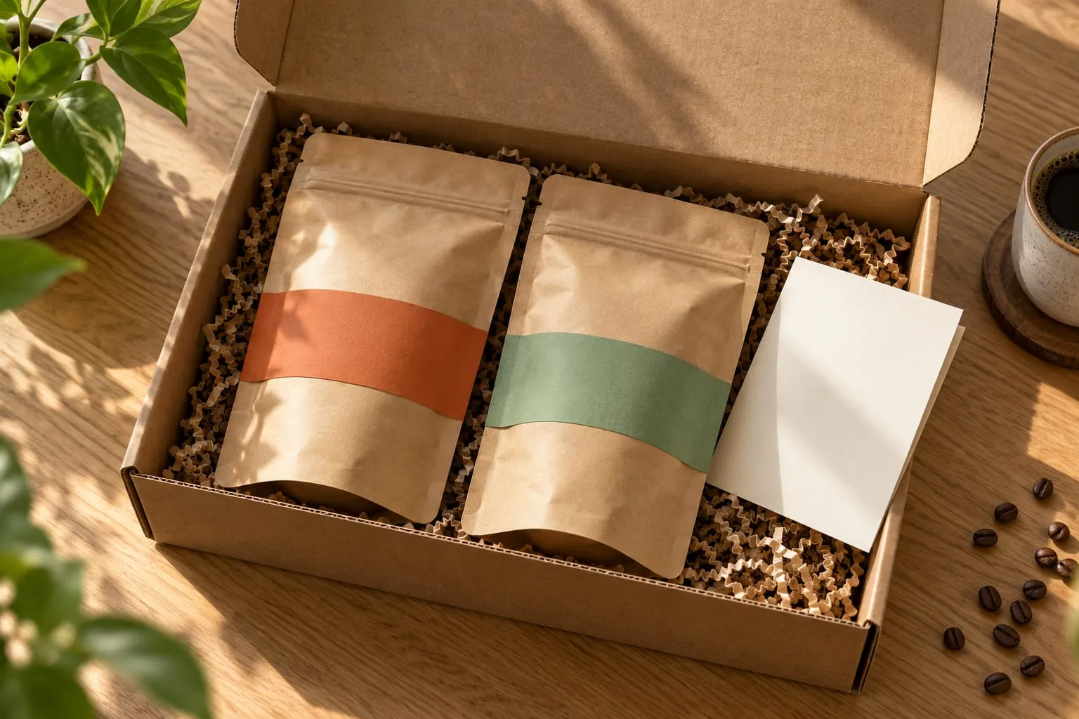 Cutie de carton deschisă, cu două pungi de cafea cu benzi teracotă și verde-salvie, pe o masă de lemn