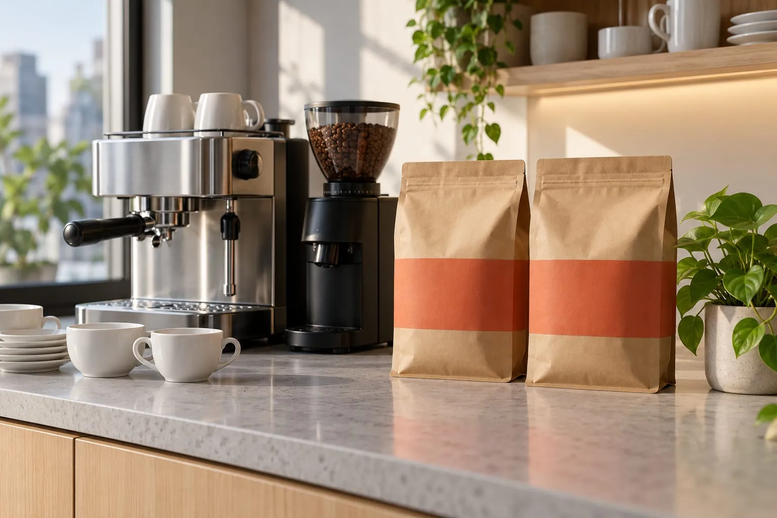 Blat de bucătărie de birou cu un espressor, o râșniță, două pungi mari de cafea și căni albe