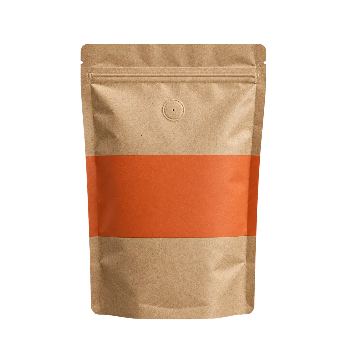Pungă kraft de cafea cu bandă teracotă, fără etichetă, pe fundal colorat