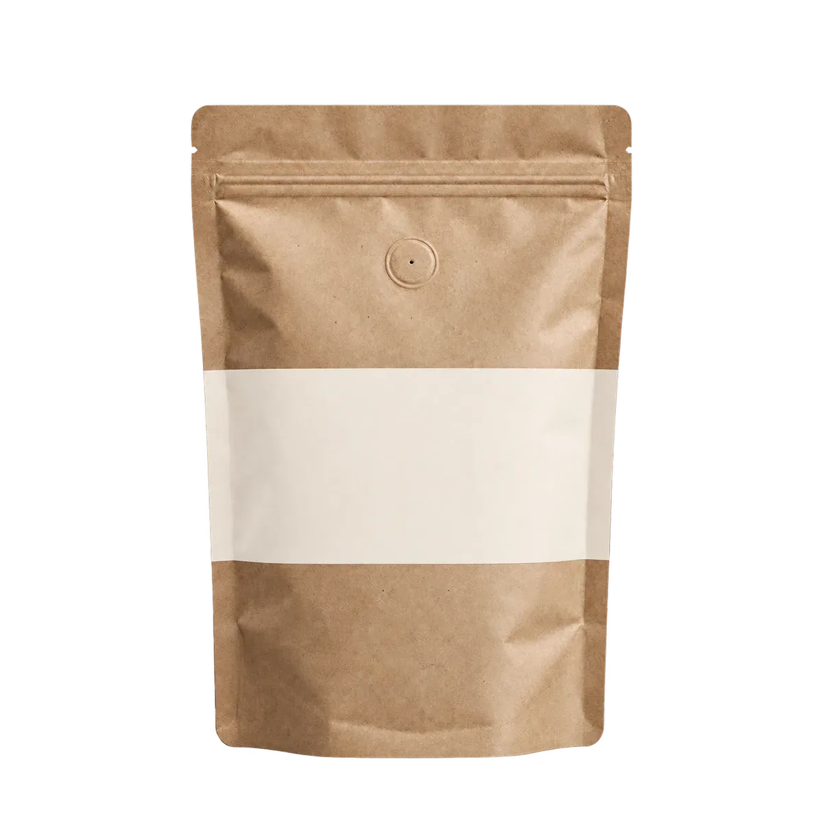 Pungă kraft de cafea cu bandă nisip, fără etichetă, pe fundal colorat
