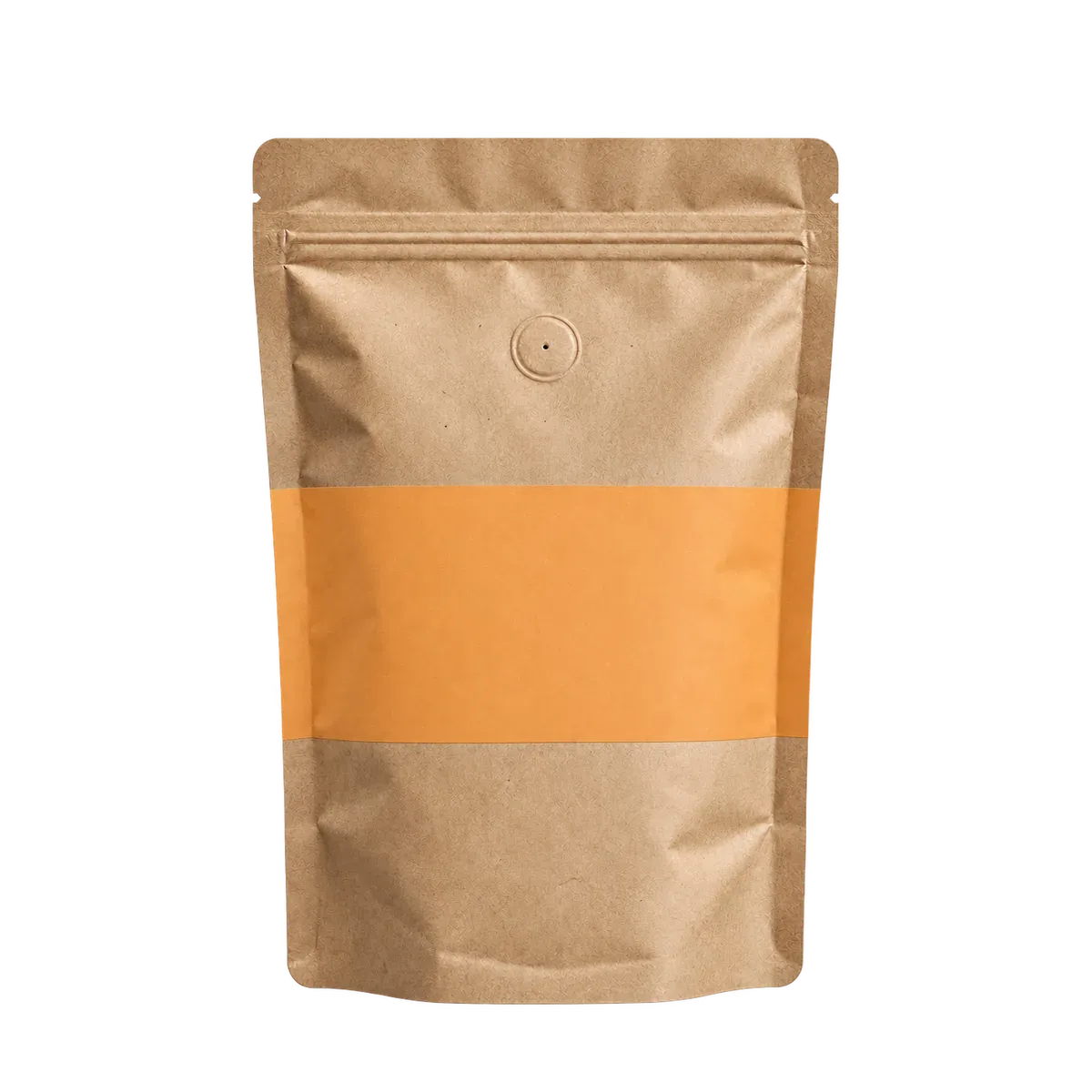 Pungă kraft de cafea cu bandă caisă, fără etichetă, pe fundal colorat