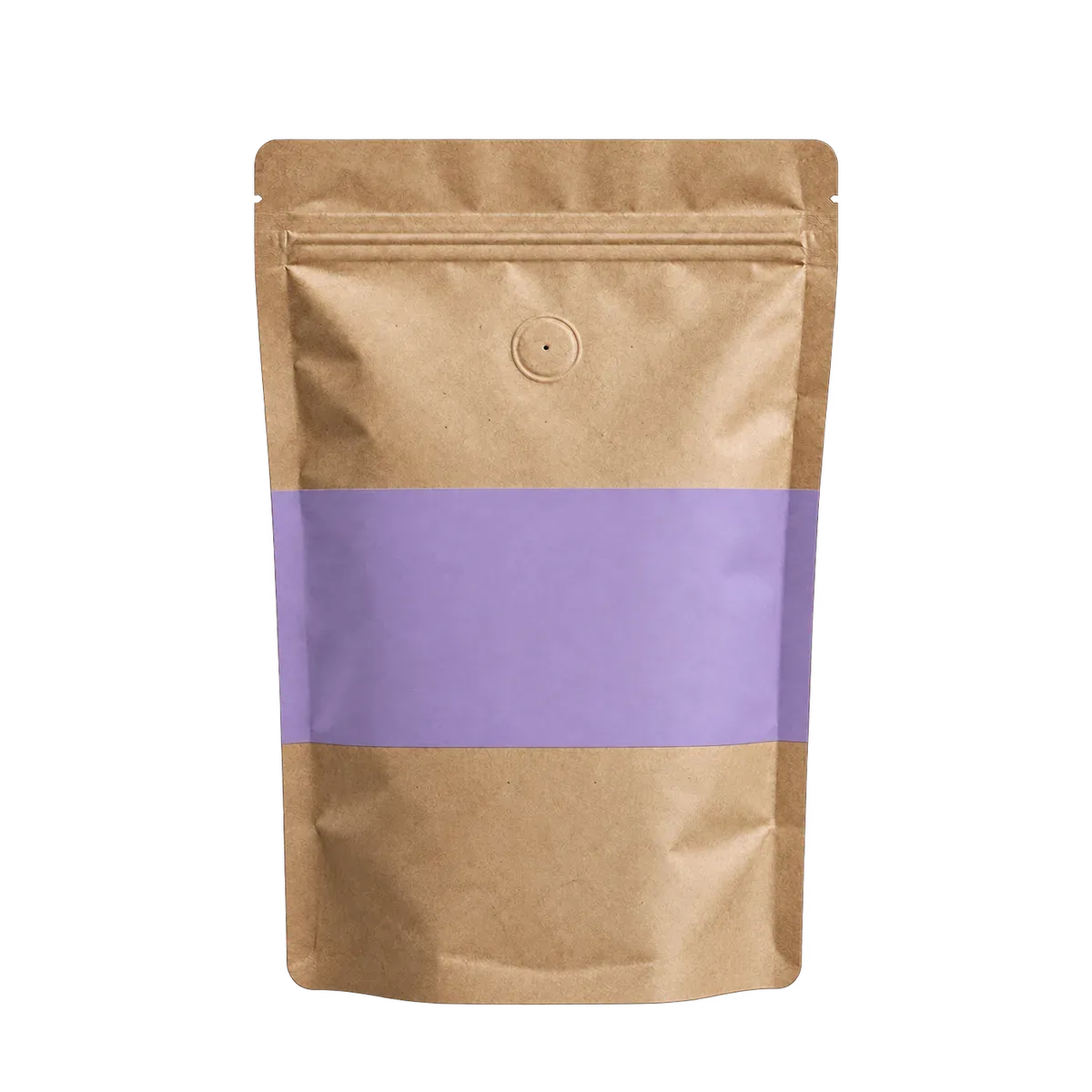 Pungă kraft de cafea cu bandă lavandă, fără etichetă, pe fundal colorat