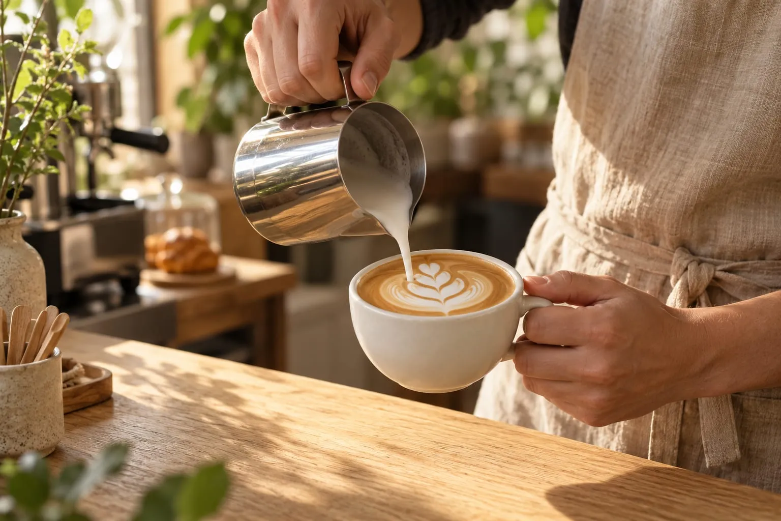 Mâinile unui barista care toarnă lapte texturat într-o ceașcă albă, desenând o lalea în spumă