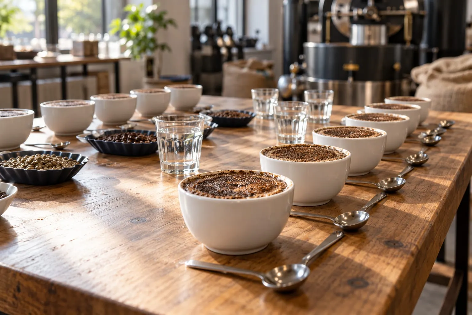 Masă lungă de degustare cu boluri albe de cupping, lingurițe și pahare cu apă