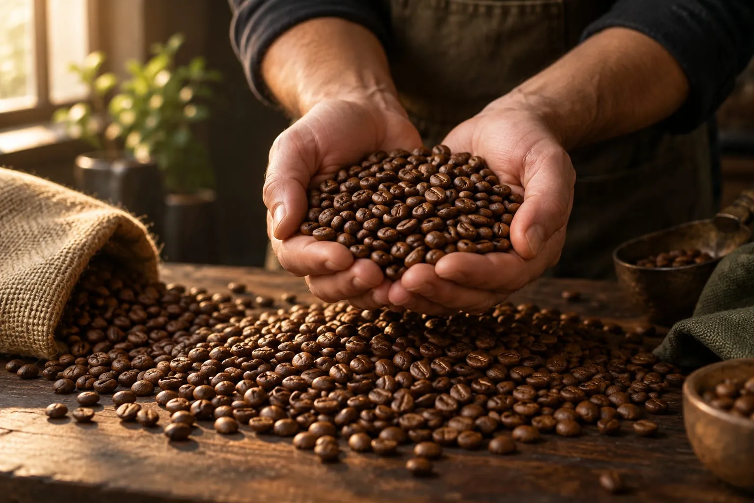 Două mâini făcute căuș, pline cu boabe de cafea proaspăt prăjite, deasupra unei grămezi de boabe pe o masă de lemn