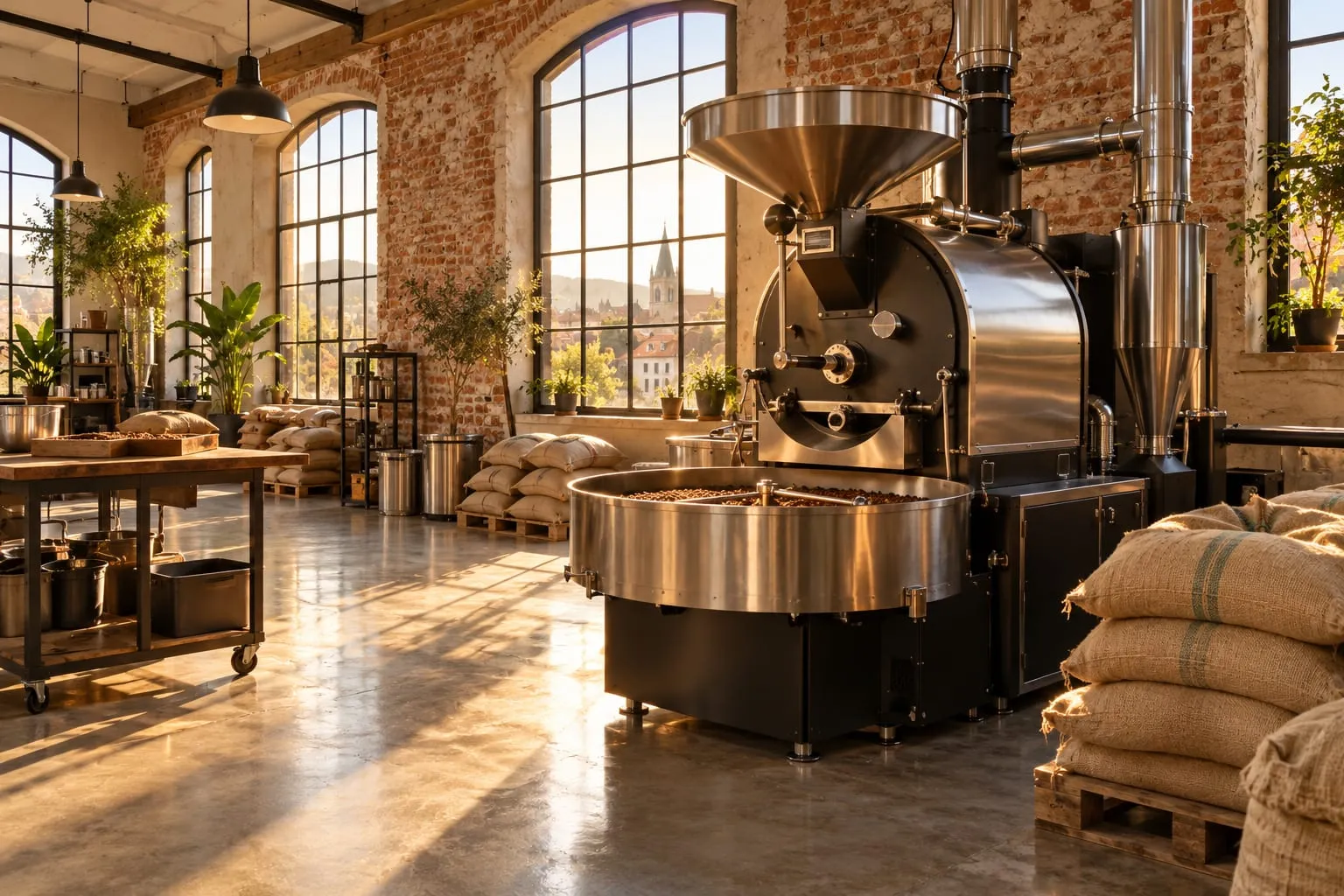 Atelier de prăjire luminos, cu prăjitorul de cafea, saci de iută și ferestre mari spre oraș