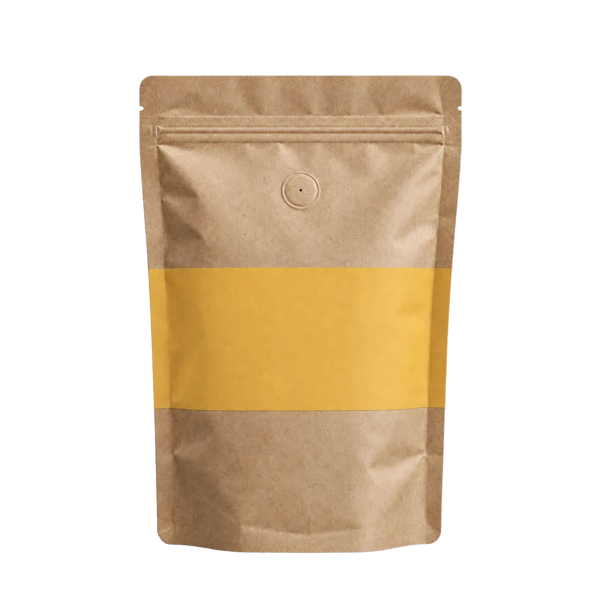 Pungă kraft de cafea cu bandă galben-miere, fără etichetă, pe fundal colorat