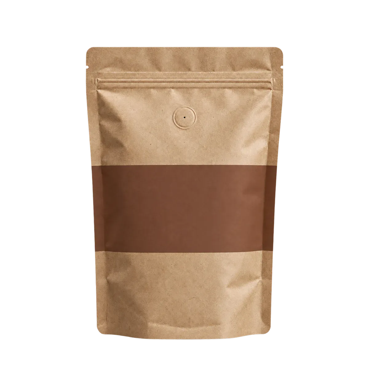 Pungă kraft de cafea cu bandă cacao, fără etichetă, pe fundal colorat