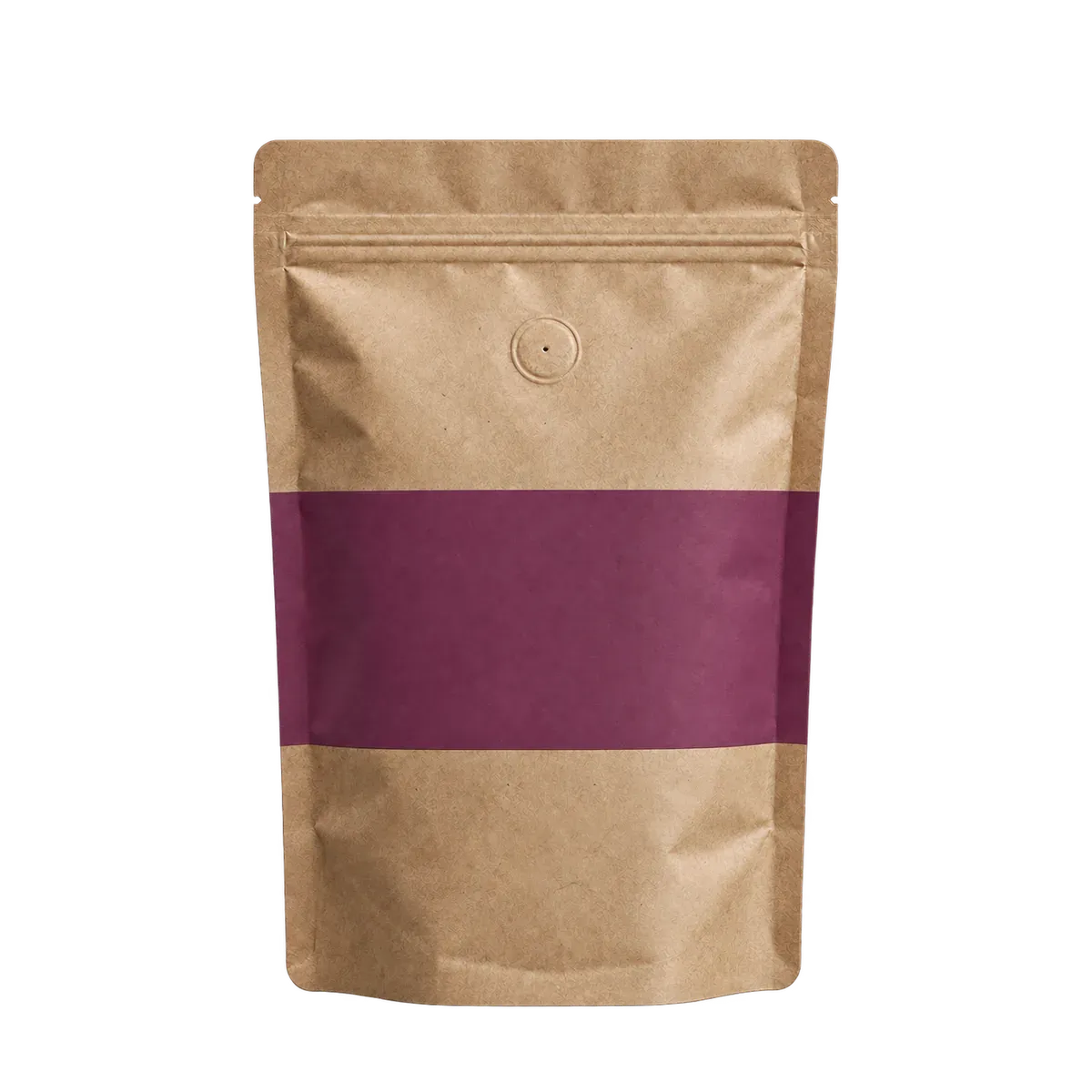 Pungă kraft de cafea cu bandă prună, fără etichetă, pe fundal colorat