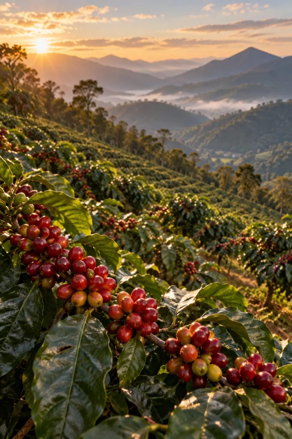 Plantație de cafea pe coasta unui munte, la răsărit, cu ramuri pline de cireșe roșii și galbene în prim-plan