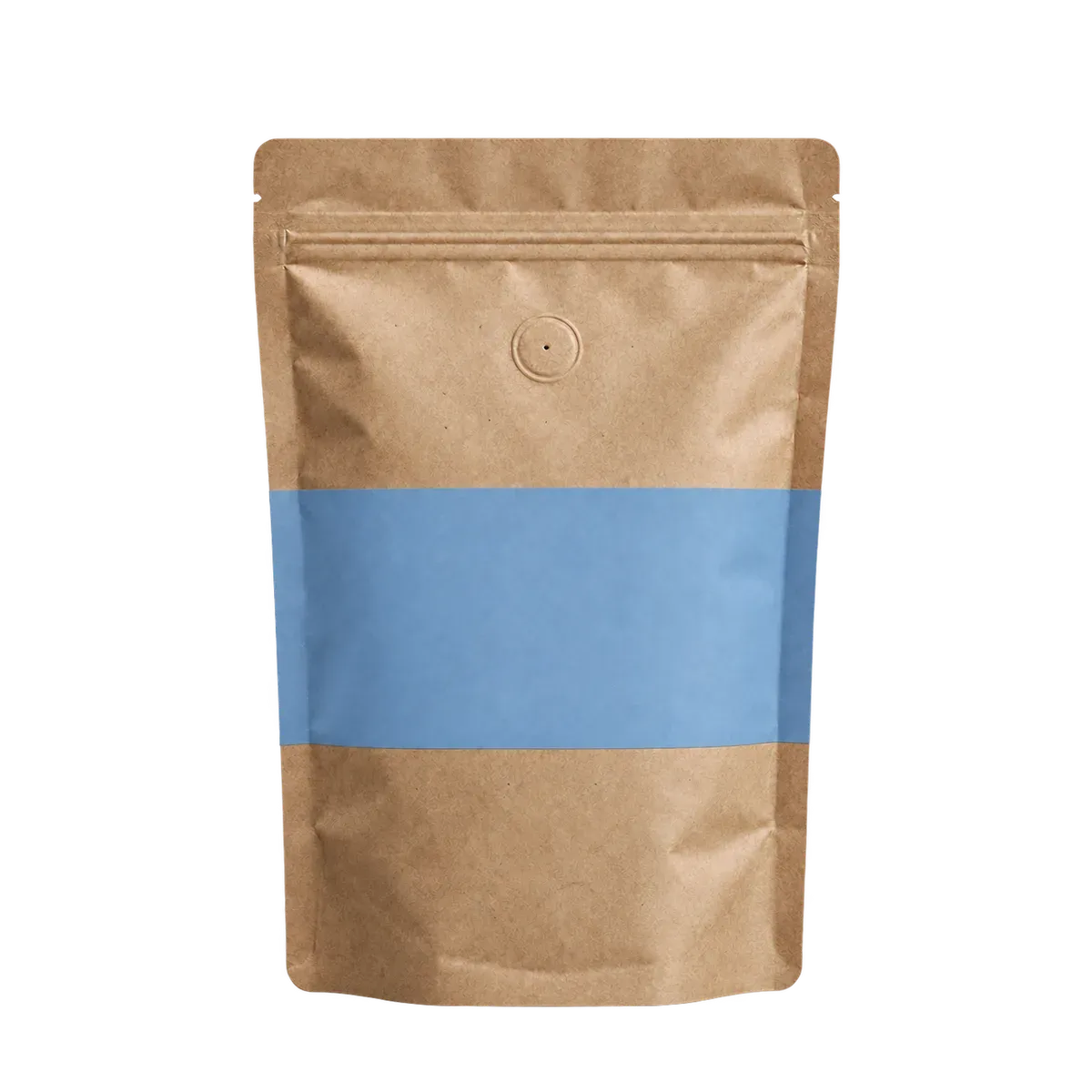 Pungă kraft de cafea cu bandă albastru-cer, fără etichetă, pe fundal colorat